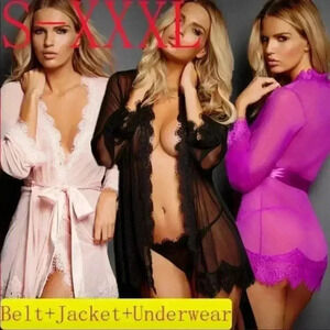 Woman’s Sexy Black Robe G-String Set
